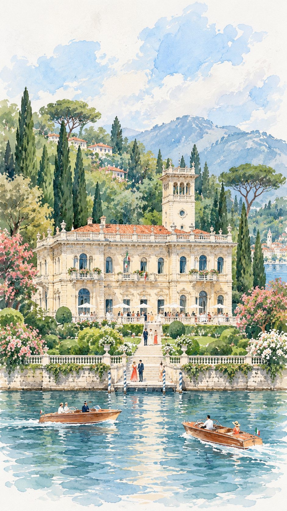 Watercolour of Villa Erba on Lake Como